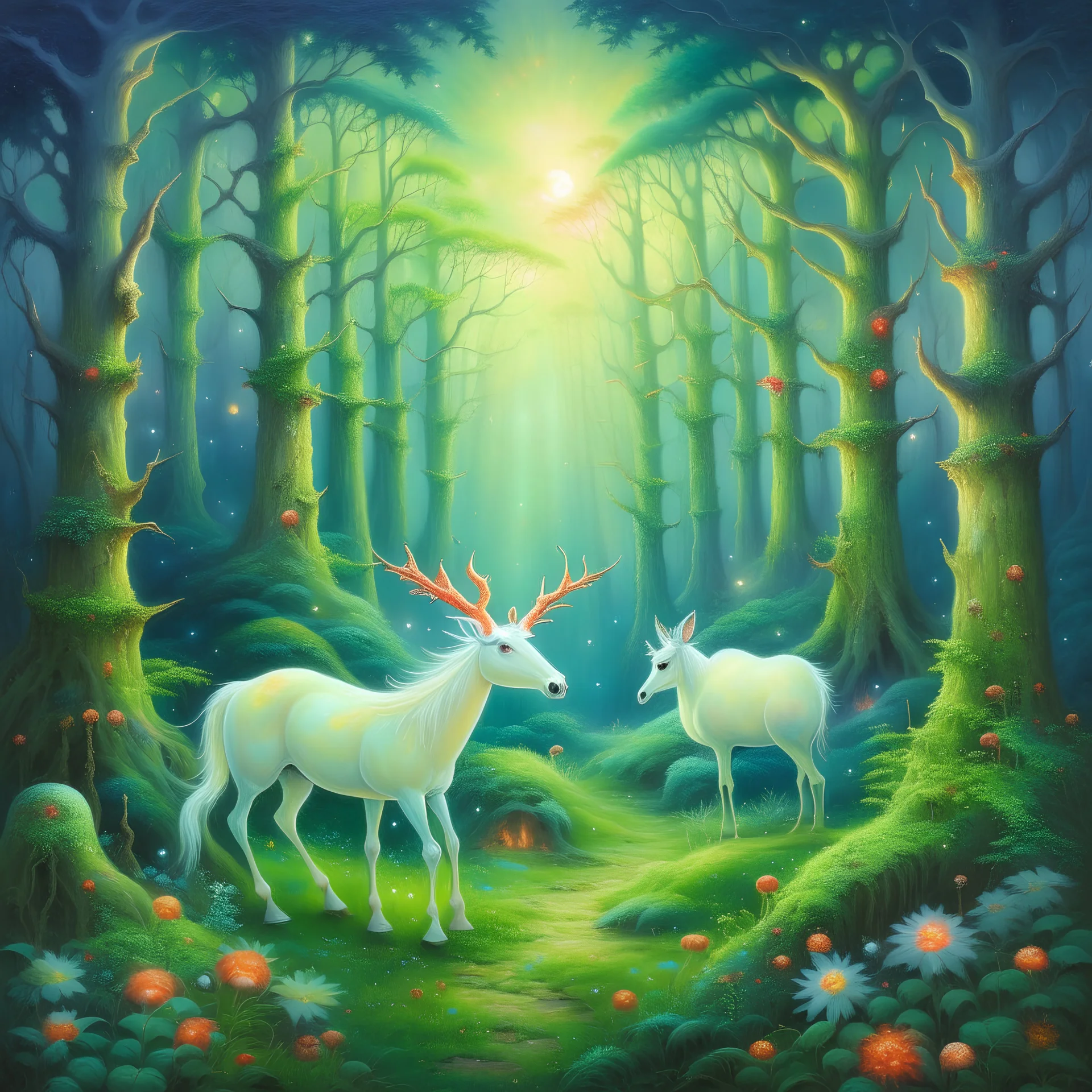oil painting of an enchanted forest, with glowing mushrooms, fireflies and a unicorn, soft brushstrokes, pale colors, dreamlike atmosphere