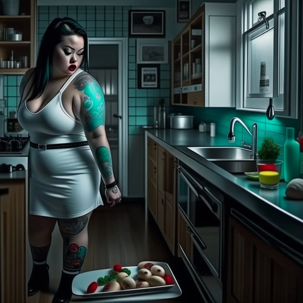 Picture of a photrealistic, lifelike,young 33 year old chubby extreme tatood girl sleep walking in kitchen with big scary knifes in her hands