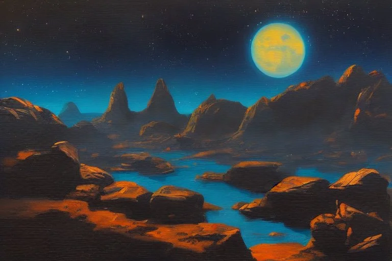 Rocks, night, 2000's sci-fi movies influence, otto pippel impressionism painting