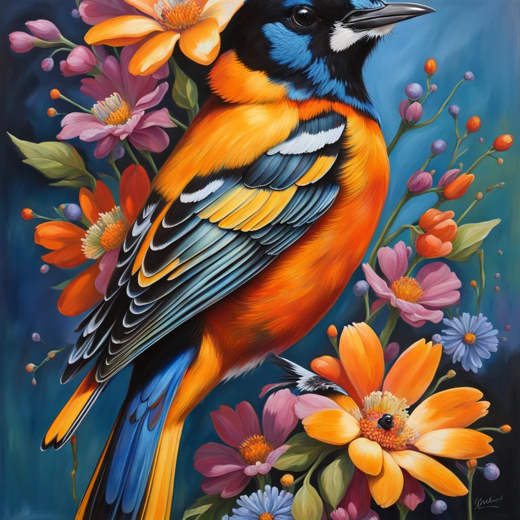 vibrant and energetic painting featuring a Baltimore Oriole a side profile, adorned with an array of colorful flowers. The bird's eyes are detailed and expressive, capturing its lively spirit.