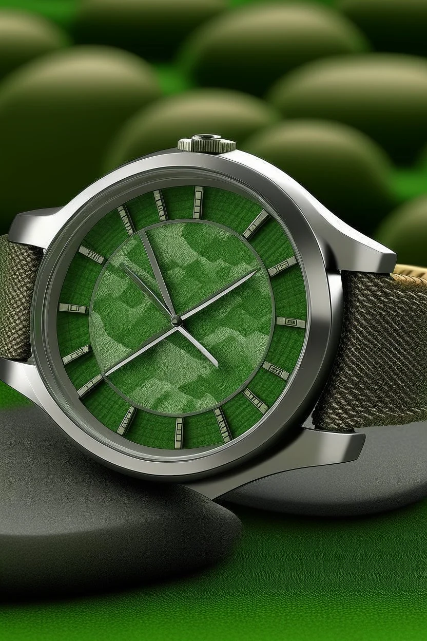 Generate a realistic image of an aventurine dial watch in an outdoor adventure setting. Showcase the watch being worn during activities such as hiking, camping, or exploring nature. Emphasize realistic lighting and reflections to convey the watch's durability and stability in adventurous situations.