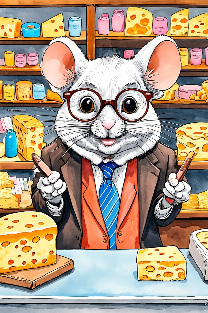 SKETCH WATERCOLOR PASTEL COLOURS - “Mr. Whiskers McStreusel crazy old mouse inside his magic cheese shop, a wiry fellow with wild white hair and glasses so large they practically covered his whole face.”