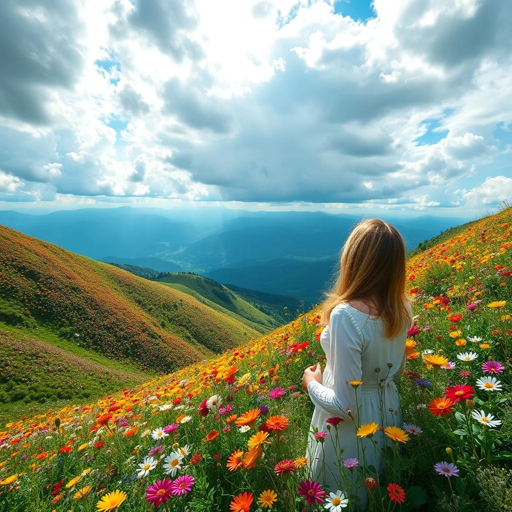 beautiful Green hills covered with flowers colorfull ,blue sky heavy clouds with godray ,very nice flowers at closeup ,wonderfull mountains at distance,beautiful lady clibming at hills full body shot