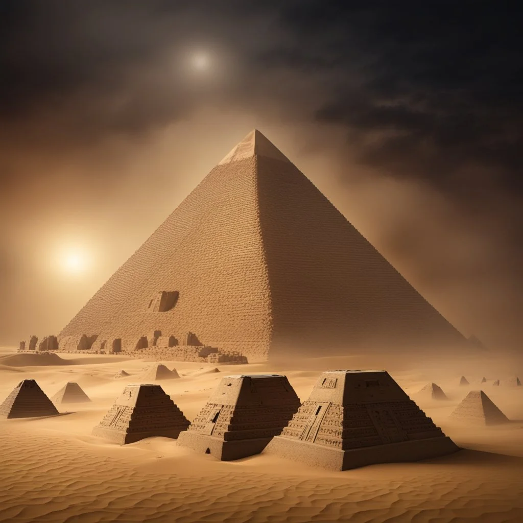 Hyper Realistic haunted view of statue of Egyptian Pyramids with sandstorm at dark night with pharaoh coffins