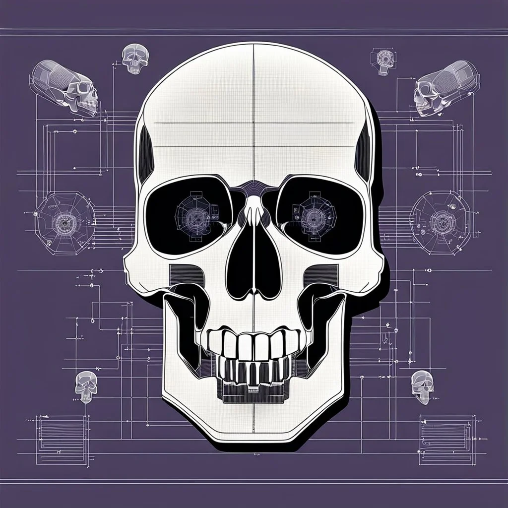 FLAT VECTOR LAYERED IMAGE OF CYBERNETIC SKULL PARTS IN A SCHEMATIC, BLACK AND WHITE, AUTOCAD, FINE LINE BLUEPRINT,