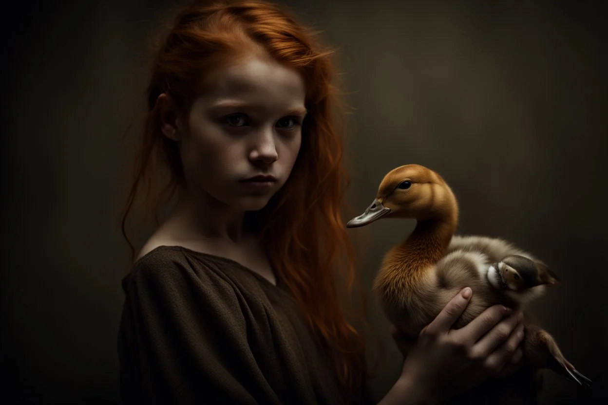 Beautiful golden red hair girl holding duck portrait in ochre, moody, somber, desaturated colors