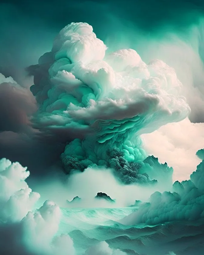 Phantasy landscape with dramatic cloud in sea foam color