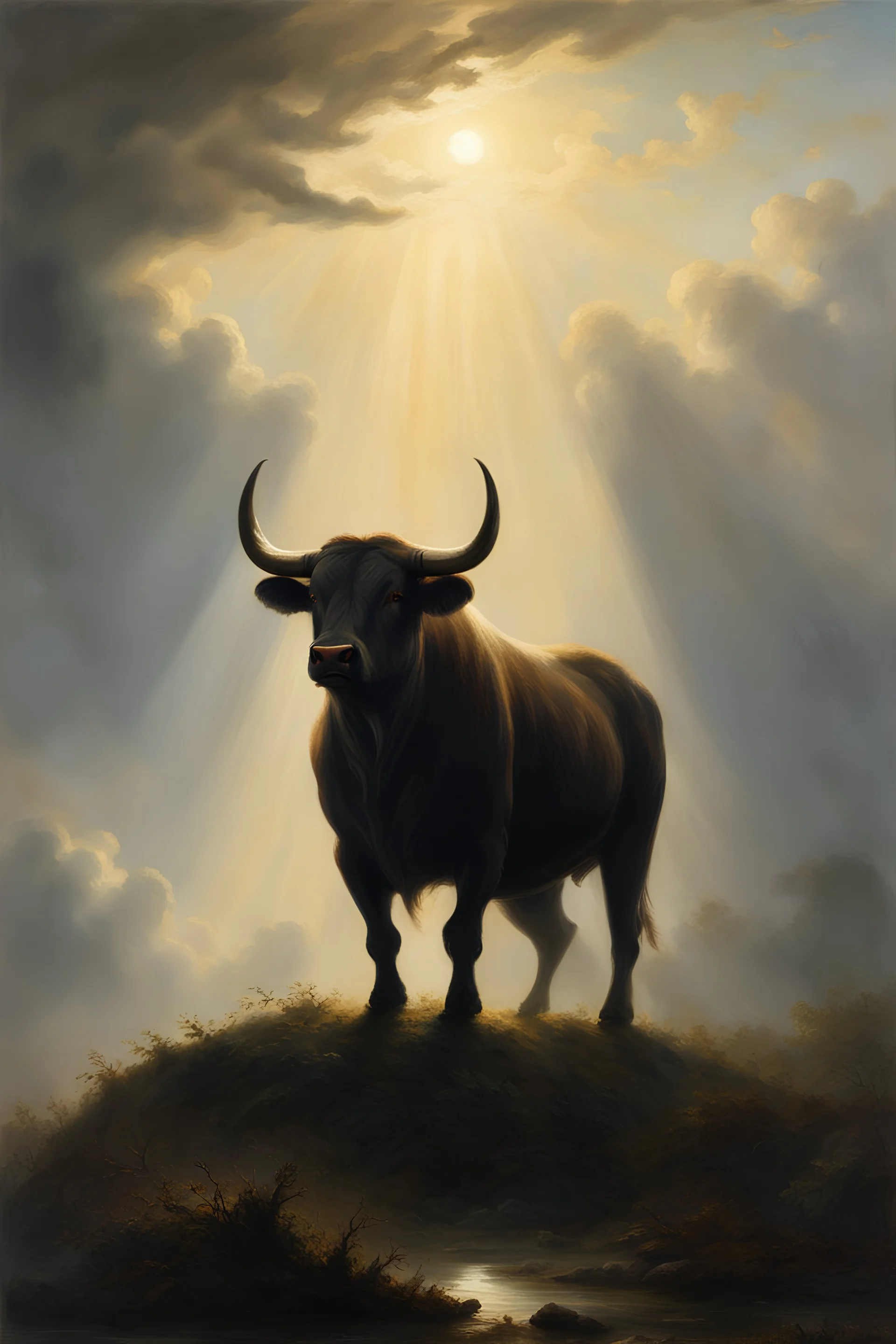 in dense foggy, a front view a dark shape powerful bull standing in the middle of a clouds in backlight, looking majestic landskape, by Albert Bierstadt, king of the sky, god of the sky, bull portrait, beautiful painting of a tall, a bull with majestic horns, bull made out of shadows, wildlife. atmospheric