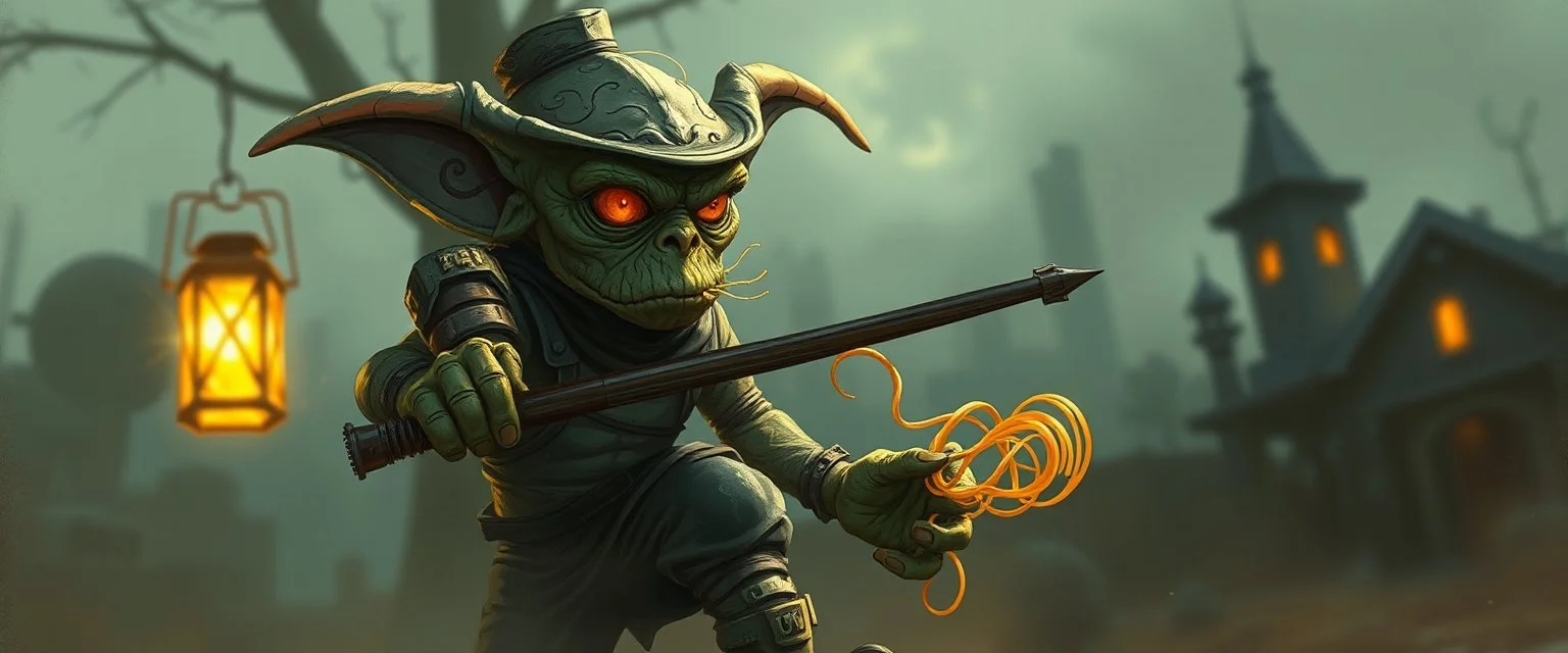 air brush 3d with pen outline,spaghetti western goblin edgy hero, shallow depth of field, warm lantern