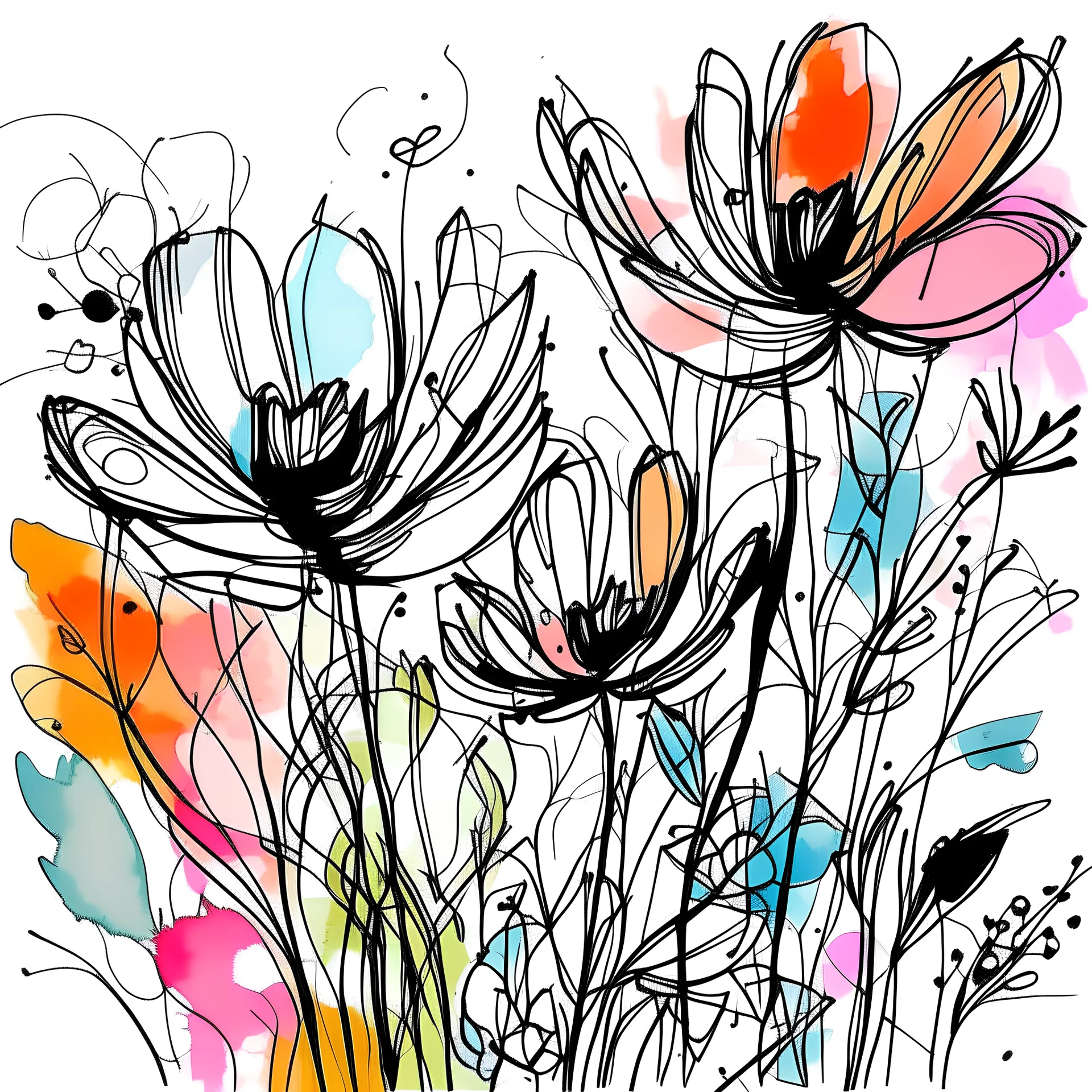 Clip art of Sketched flowers with black ink and filled with abstract watercolor