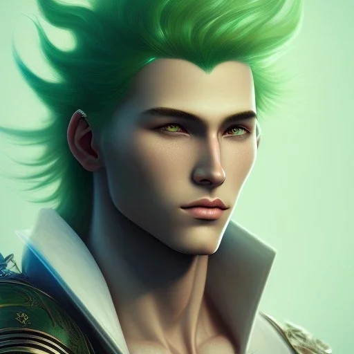 Green hair guy, warrior, hd, photorealistic, anime