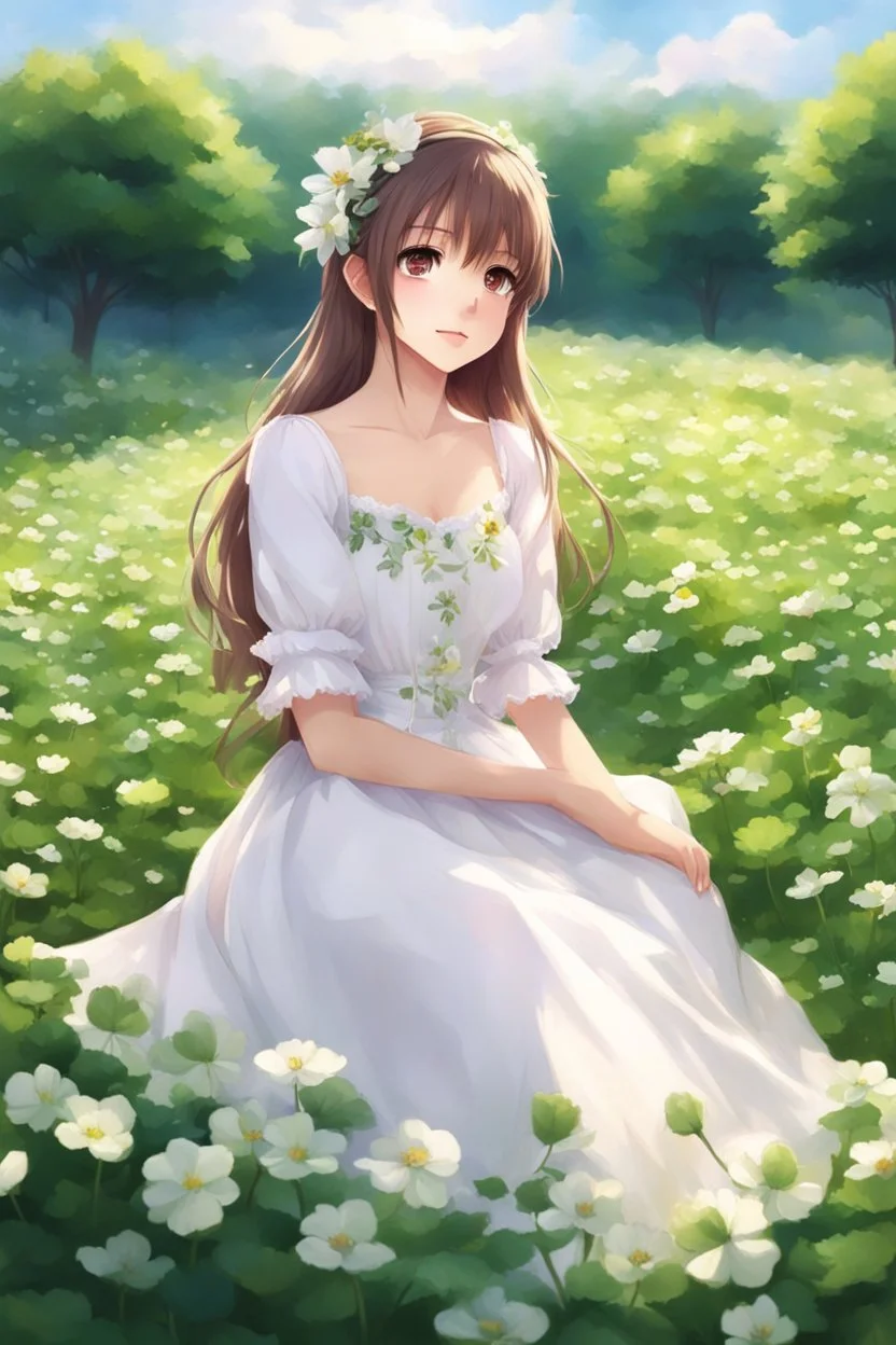 a girl in a white dress sitting in a field of clovers, cute anime girl portrait, beautiful anime portrait, realistic anime art style, realistic cute girl painting, portrait anime girl, smooth anime cg art, detailed portrait of anime girl, portrait of girl in flower field, realistic anime style at pixiv, cute anime waifu in a nice dress, realistic anime artstyle