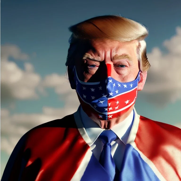 realistic image of donald trump as a mexican wrestling fighter posing outdoors, Mexican eyes wrestling mask, red and blue breeches, confederate flag cape, retro style, 80s, vibrant color, highly detailed, sky background, concept art, unreal engine 5, god rays, ray tracing, RTX, lumen lighting, ultra detail, volumetric lighting, 3d, finely drawn, high definition, high resolution.