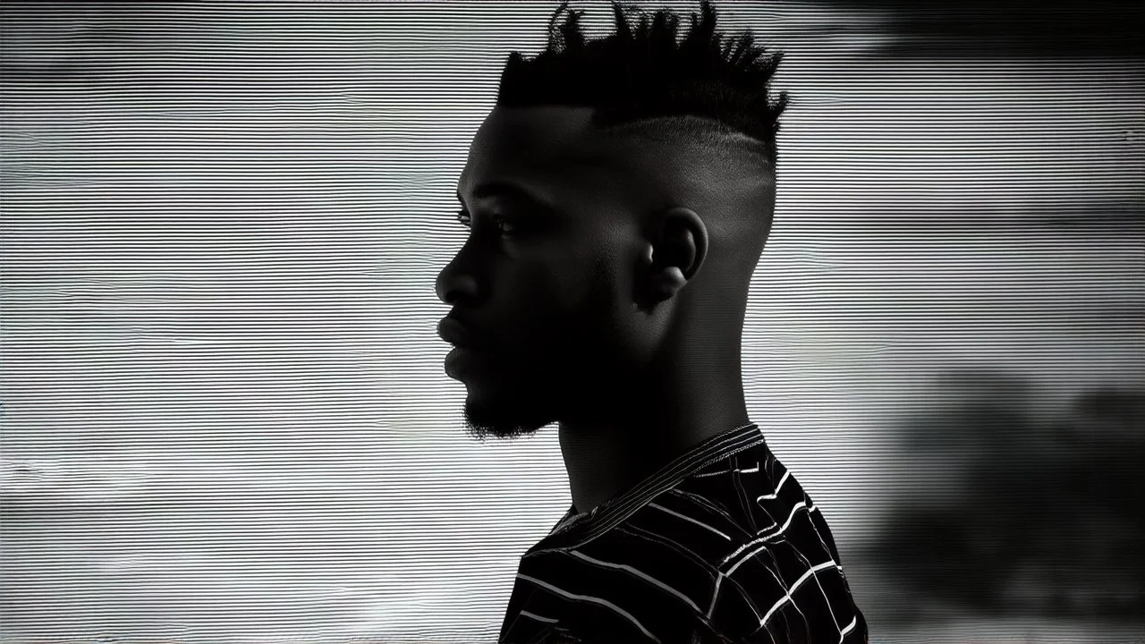 minimal profile shot of an African cyberpunk individual with a striking mohawk hairstyle and intricate shaved patterns on the side of their head, wearing a black and white horizontal thin striped shirt. The background is a blurred, high-contrast mix of black and white lines, suggesting motion and urban settings; overheat, dramatic, cinematic, sudden jolt dynamics, great parallels, great reflections, unsettling shadows, surreal futurist architecture art, surreal liminal space, tribal style, triba