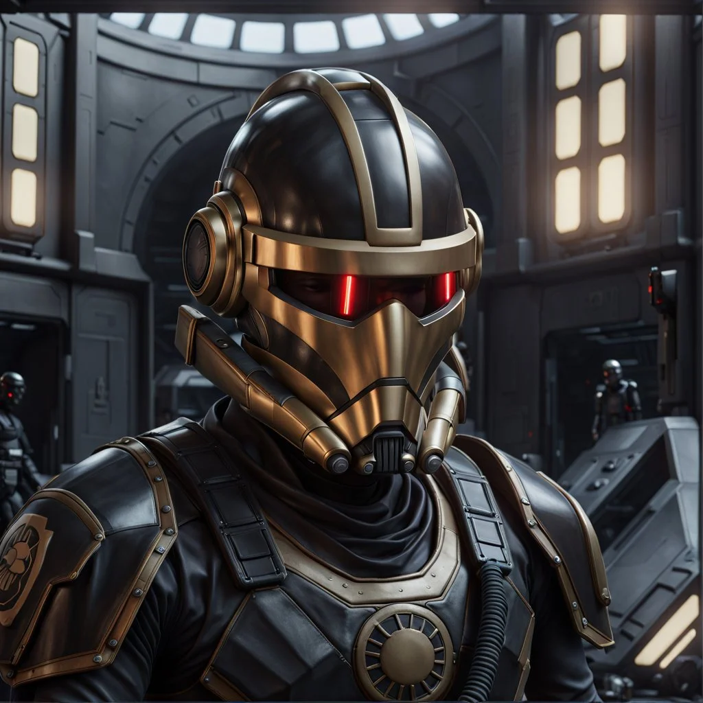 star wars bald male corellian pilot wearing pearlescent black and gunmetal grey First Order special forces heavy assault stealth commando armor and helmet with gold trim inside the jedi temple, hyperdetailed, dynamic lighting, hyperdetailed background, 8k resolution, volumetric lighting, light skin, fully symmetric details