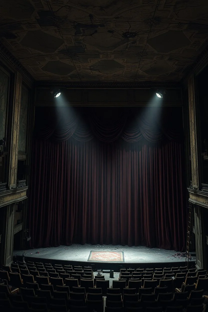 "A very old paints cracked dirty abandoned theater performing stage with ripped curtains insanely detailed octane render trending on artstation, 8k artistic photography, photorealistic concept art, soft natural volumetric cinematic perfect light, chiaroscuro, award-winning photograph, masterpiece, oil on canvas, Raphael, Caravaggio, Greg Rutkowski, people, beksinski, Giger