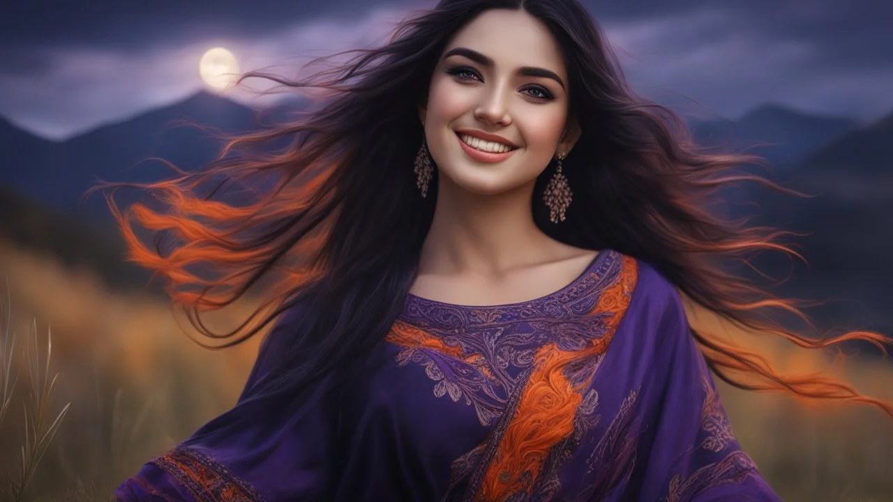 Hyper Realistic Close-up-face-view of a Beautiful Young Happy Pashto Girl with long-black-hair smiling & wearing purple-&-orange-embroidery-dress-with-black-shawl whirling with breeze, tall-grass along with a thick-tree on mountain top & cloudy-moonlight at night showing dramatic & cinematic ambiance