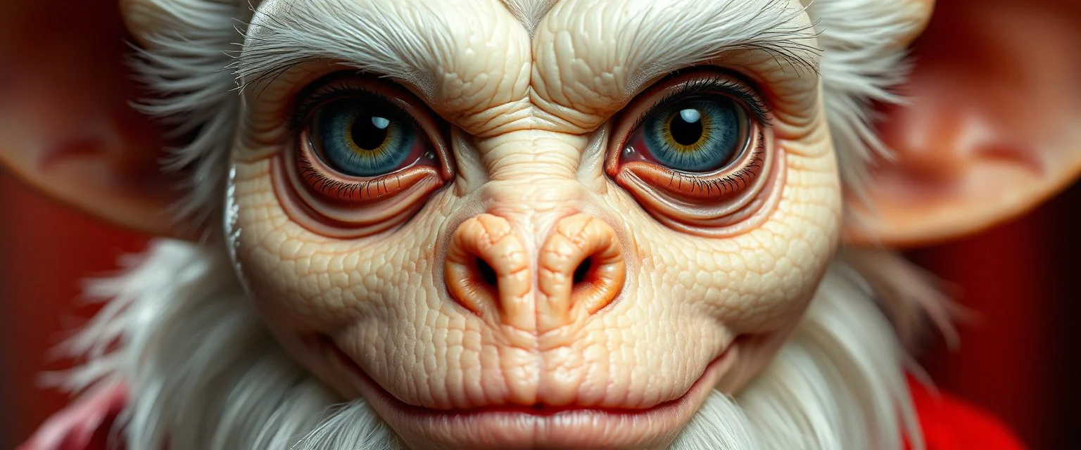 close up portrait of high judge with smooth grainy skin fine pores and real skin texture, clear transparent skin, wise eyes, hairy macho gremlin disco albino limbo