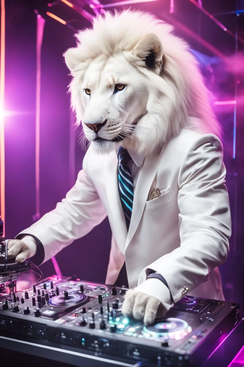 Full body Photography Humanoid White Lion as dj player smusical self expression play dj in disco club