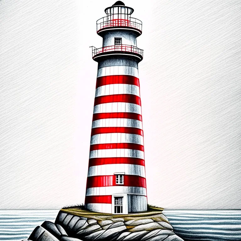 A metallic colored pencil drawing of the red and white striped lighthouse Sletringen Lighthouse in Norway