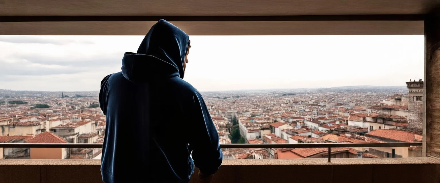 man in a hoodie watching the city from the balcony painted by Caravaggio