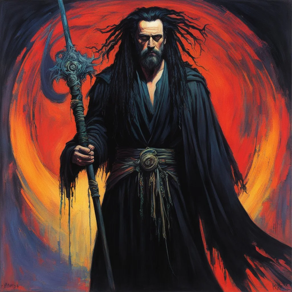 Art by Kupka: John Travolta Zombie with black dreads and black wild beard as a fantasy necromancer holding a glowing black ram staff and wearing black magic robes