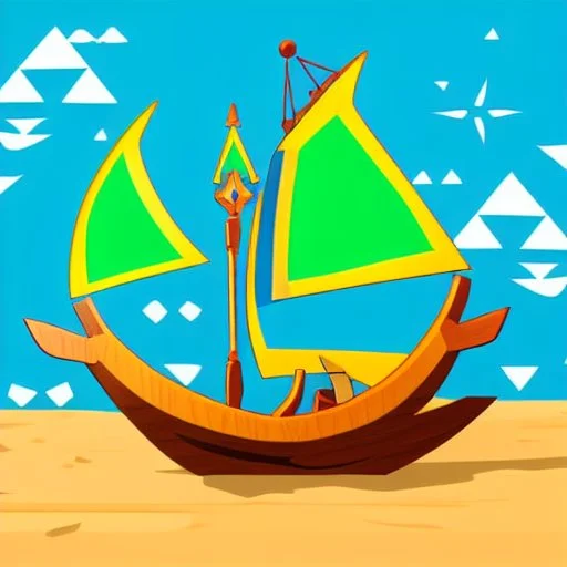 Legend Of Zelda: Wind Waker style Small wooden ship, with bright sails, on a vast ocean, stylized, celshaded, colorful, adventurous, frontal view, full view.