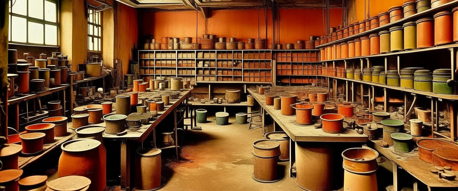 An orangish bronze color factory filled with machines painted by Paul Klee