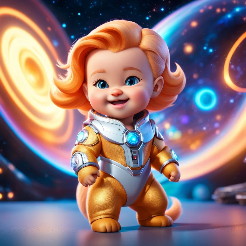 (masterpiece, best quality, 8k, RAW photo, beautiful and aesthetic:1.2), complex detail, Indirect light, photorealistic, (((full body))), Cosmic Boss Baby style smiling, long curved clear hair , with a ginger cat companion, colorfull Sci-Fi environment