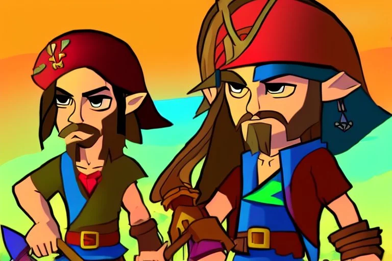 Cartoony and muscular Captain Jack Sparrow, Legend Of Zelda: Wind Waker style, stylized, colorful, adventurous.