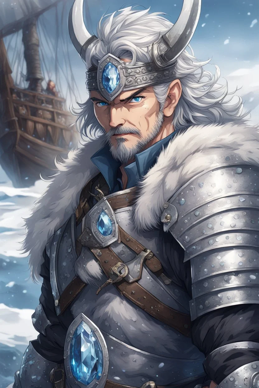 in anime style,1older man, a man with blue eyes and black hair man in silver Viking armor with fur around the neck with blue crystal on his chest holding an axe in his hands standing on a pirate ship in the artic, warrior in anime style,