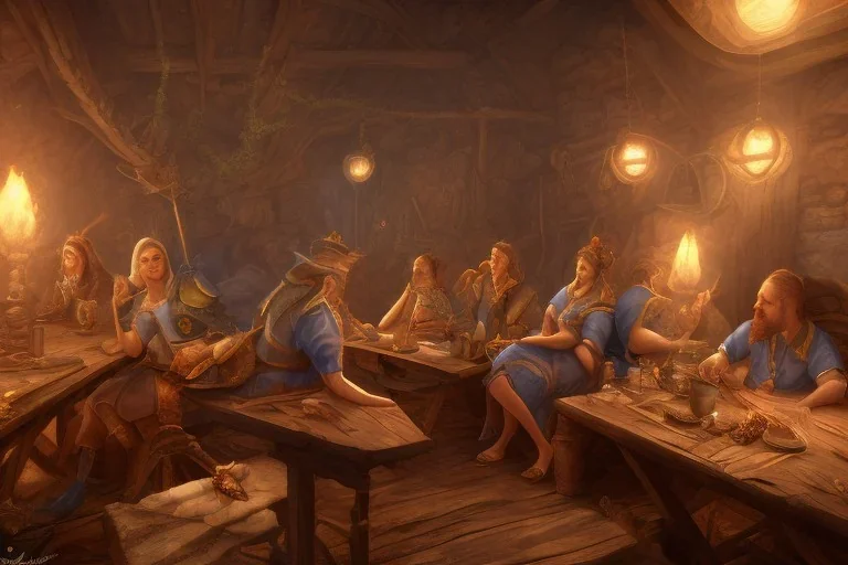 4 Adventurers Resting in tavern beds, fantasy, high detail, light rays, hearth fire, high detail, high resolution, unreal engine