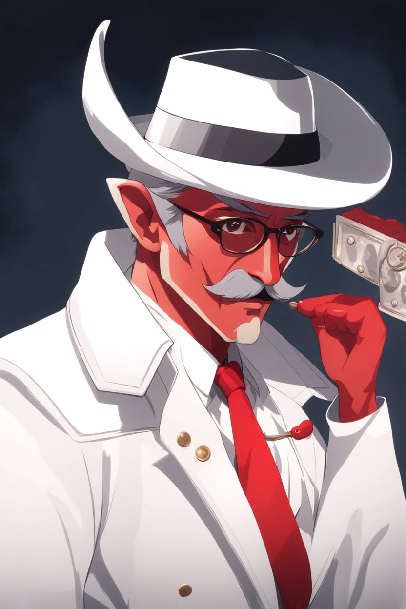 An old male crimson red demon wearing a white police comisioner outfit, he is also wearing glasses, he has a white scruffy mustache, and a small black fedora.