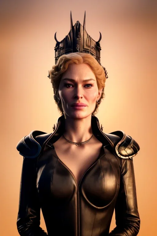 Cersei Lannister as evil queen in black leather coat, busty, cleavage, voluptuous, lena headay, angry, stern look. character design by cory loftis, fenghua zhong, ryohei hase, ismail inceoglu and ruan jia. unreal engine 5, artistic lighting, highly detailed, photorealistic, fantasy