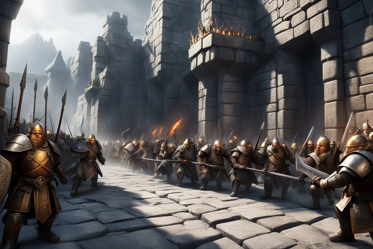 (Subject & Action) The image is a gritty, photorealistic scene of massive Dwarven defense walls under siege. A legion of stoic Dwarves, clad in heavy, articulated iron and gold armor, stand firmly atop the battlements, armed with intricate, glowing dwarven axes and powerful crossbows, actively firing and dropping heavy stones down upon attackers below. Their faces show fierce determination and concentration. (Environment & Setting) The fortress wall itself is colossal, carved from the dark, roug