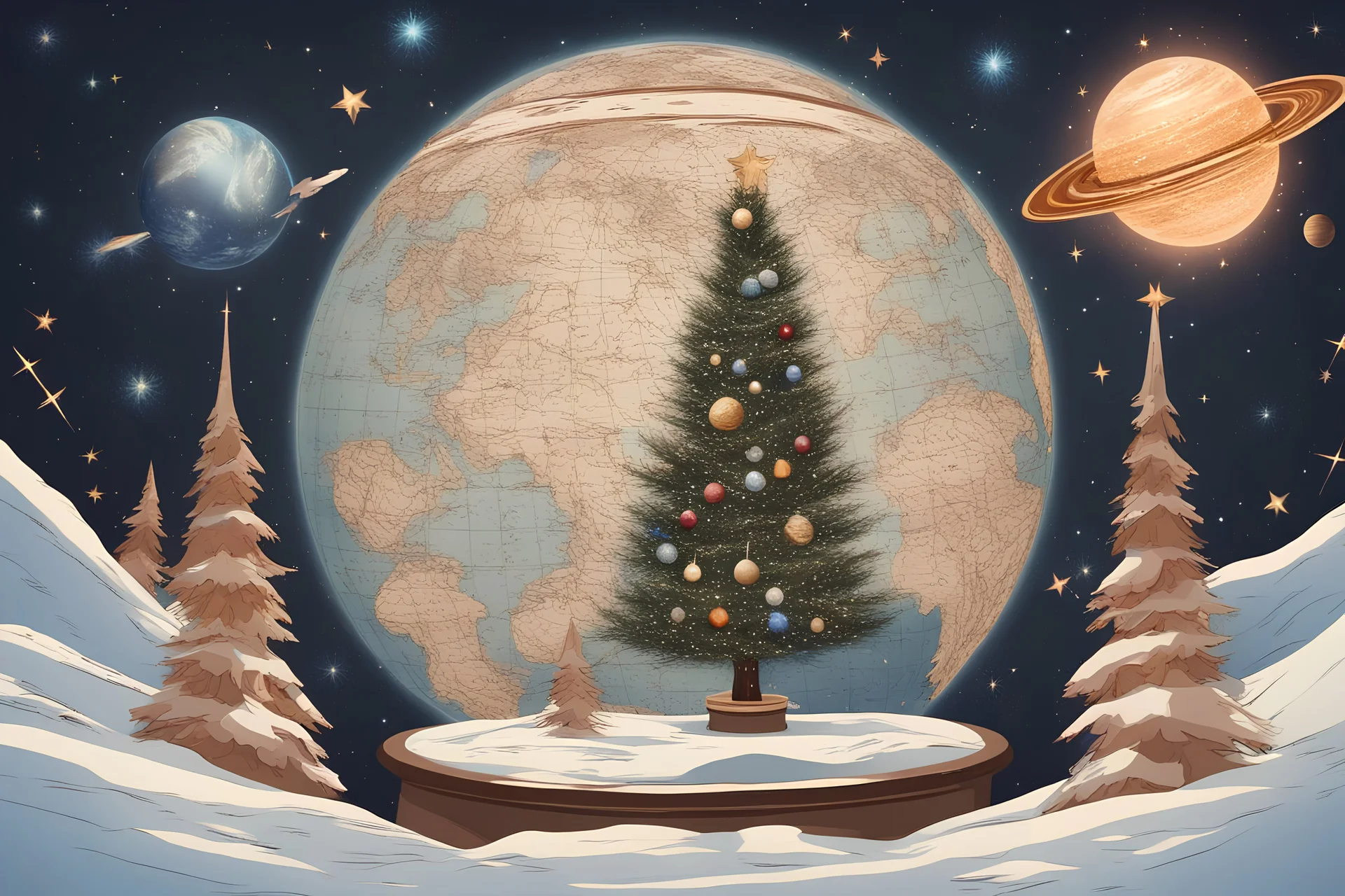 a Christmas tree standing on a globe surrounded by breathtaking stars and planets