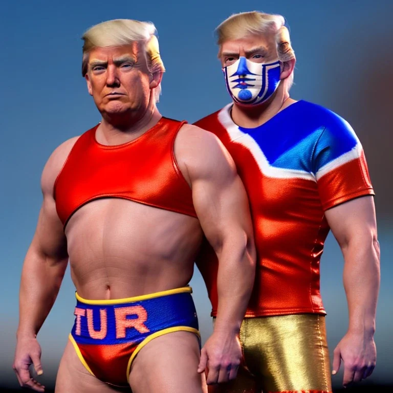 Realistic image of Donald trump wrestler, Mexican wrestling style, Mexican wrestling eyes mask, red and blue breeches, glow confederate flag dress, suspenders, retro style, 80s, vibrant color, highly detailed, sky background, concept art, unreal engine 5, god rays, ray tracing, RTX, lumen lighting, ultra detail, volumetric lighting, 3d, finely drawn, high definition, high resolution.