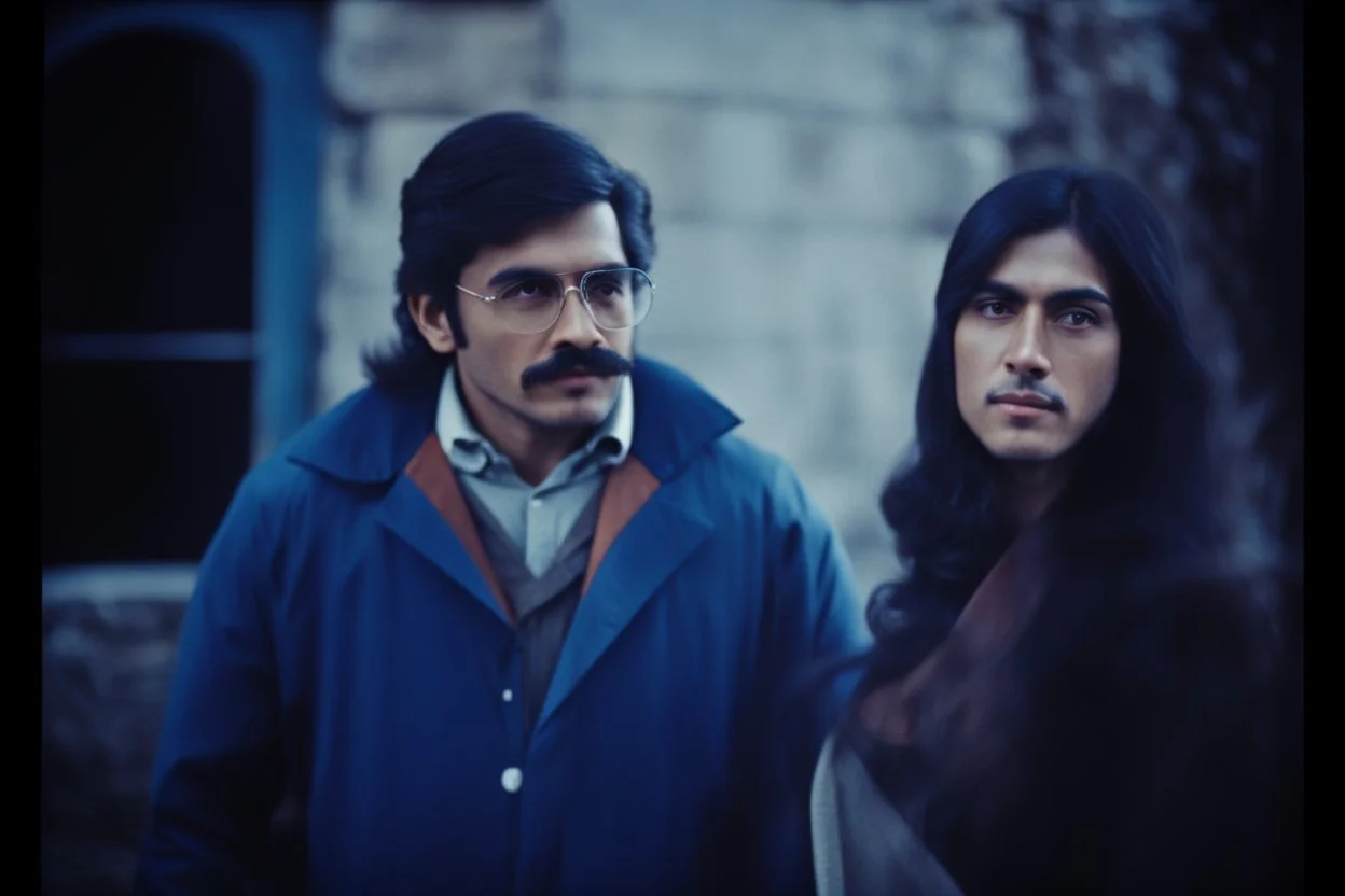 ayoung man and a beautiful woman standing next to each other, 1 9 7 0 s analog video, with mustache, assyrian, small glasses, cold scene, out of focus background, house on background, the woman has long dark hair, the photo shows a large, deiv calviz, before the final culling