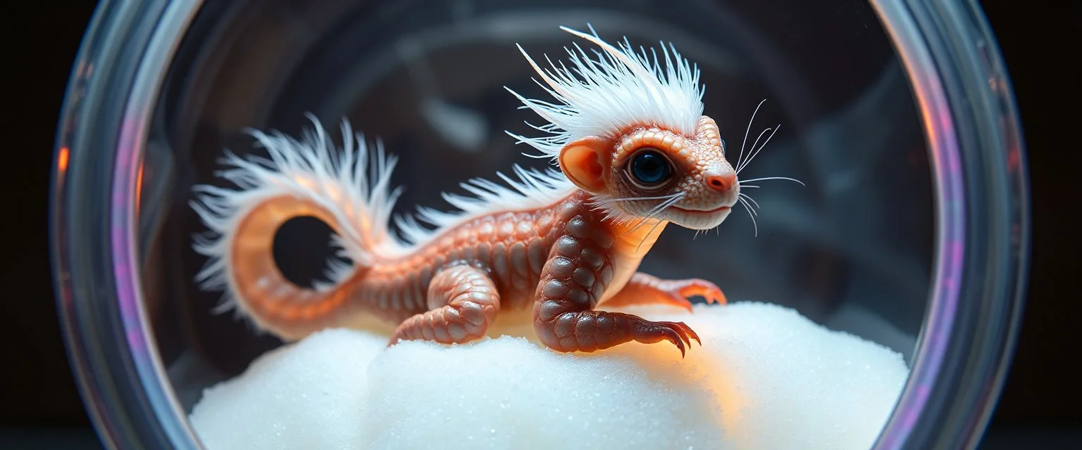 The image depicts a fantastical monkey squirrel snow soup, specifically a transparent with neon plasma aura, with a unique and whimsical appearance. The slug dragon is positioned in a circular frame, which suggests it might be inside a container or a vessel. The body is elongated and has a segmented appearance, with a detailed texture that gives it a realistic look. Its head is covered with white, spiky hair, adding to its fantastical charm. From the weird dragon lab.