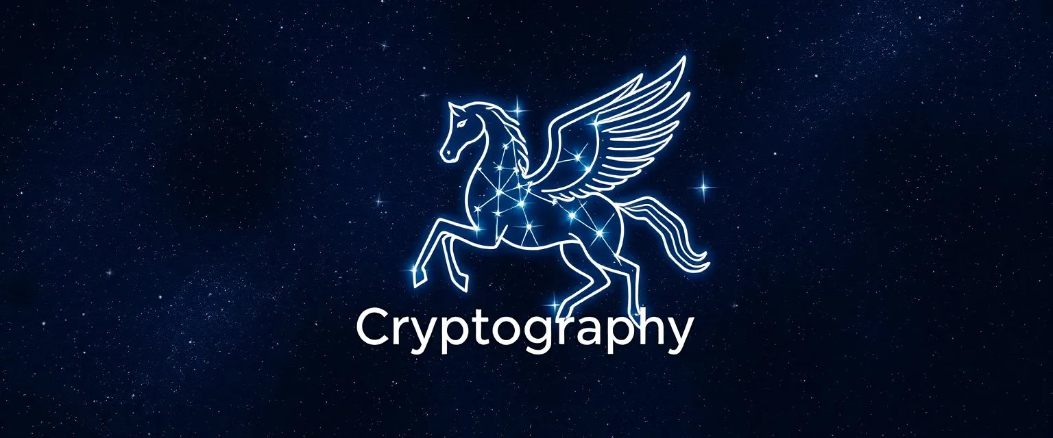 A star constellation in the form of a Pegasus in front of a deep space. Glowing lines connecting the stars that form the constellation. Digital Art. Digital Drawing. Logo. Icon. The word Cryptography is under the Pegasus