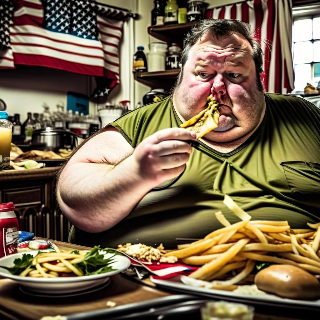 patriotic repulican fat american eating fries in his messy kitchen