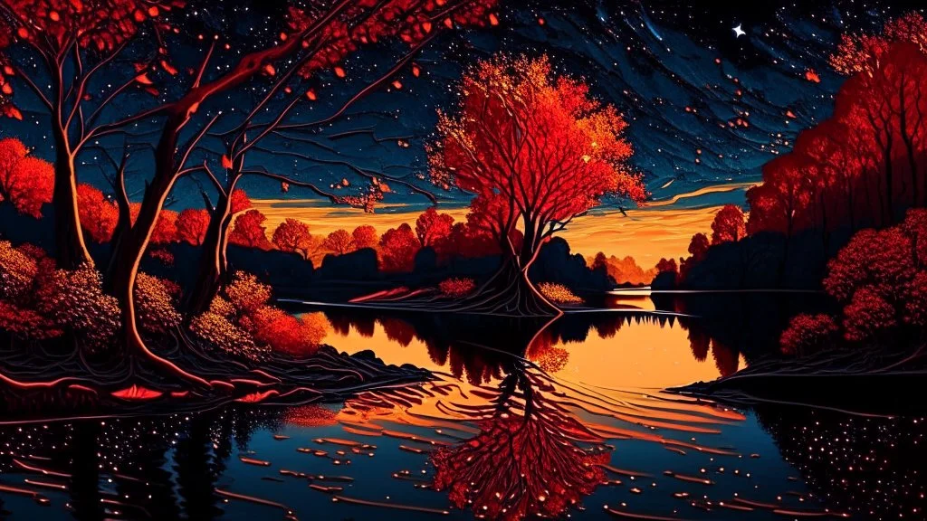 River, trees with golden and red leaves, autumn, a beautiful night sky, visible galaxies, river of blood, comic style