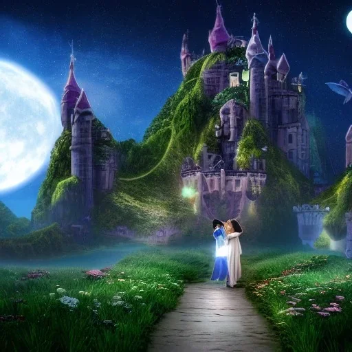 Realistic futuristic fantasy neverland kissing moonlight 8K resolution flowers romance snow castle