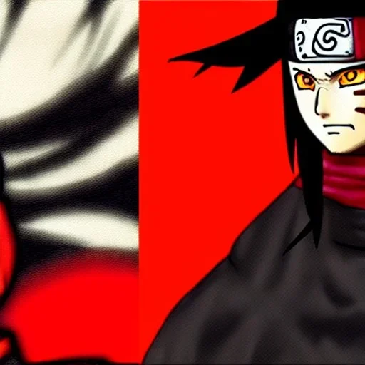 Portrait très détaillé de Naruto, habillé comme un ninja noir et rouge, accompagné de Kyubi, très réaliste, sombre.