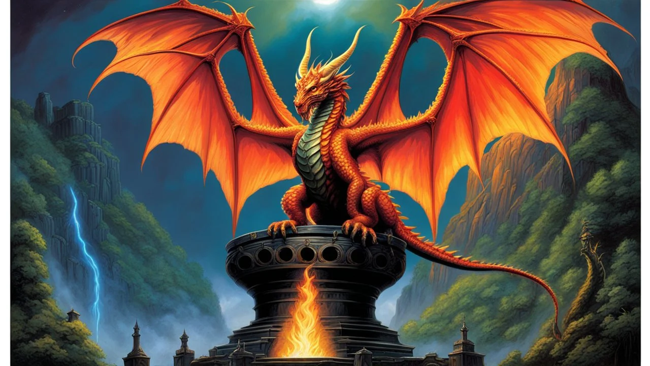 magic orb dripping with dragon fire. huge cloned wings. perfect claws. fantasy setting. concept art, intricately detailed, color depth, dramatic, colorful background. painted by Larry Elmore