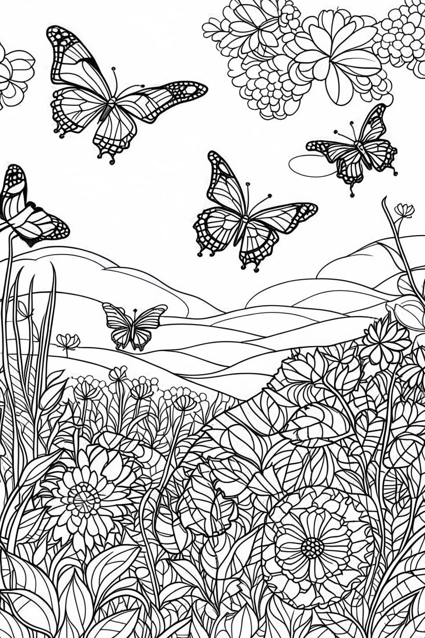 A meadow filled with colorful butterflies fluttering about symbolizes the beauty and freedom of the natural world.., coloring book page, simple and clean line art, adult drawing book, black and white, crisp black lines, no shades, sharp lines, coloring book for adults, cartoon style, landscape