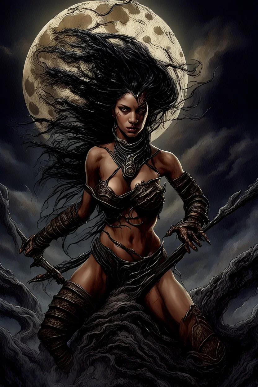 A dramatic digital painting portraying a warrior girl under the Moon, veins pulsing, claws of temptation visible, soul in turmoil. In the style of Luis Royo and Boris Vallejo and Giger, vivid colors, swirling brushstrokes, highly detailed, 8k resolution, surrealistic., juicy emotions, painting, gloomy fantasy, gloomy day, dark world, portrait, oil and graphite, wide strokes, a weaving frame around, by Ryohei Hase, Agnes Cecile, Raymond Swanland, Anne Bachelier