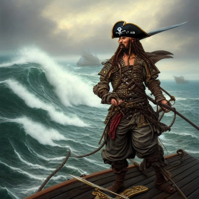 a pirate warrior on his ship, a highly detailed illustration, background of giant crashing ocean waves, realistic render, 8 k, micro detail, intricate, elegant, centered, digital painting, Artstation, smooth, sharp focus, illustration, artgerm, tomasz alen kopera, peter mohrbacher, donato giancola, joseph christian leyendecker, wlop, boris vallejo