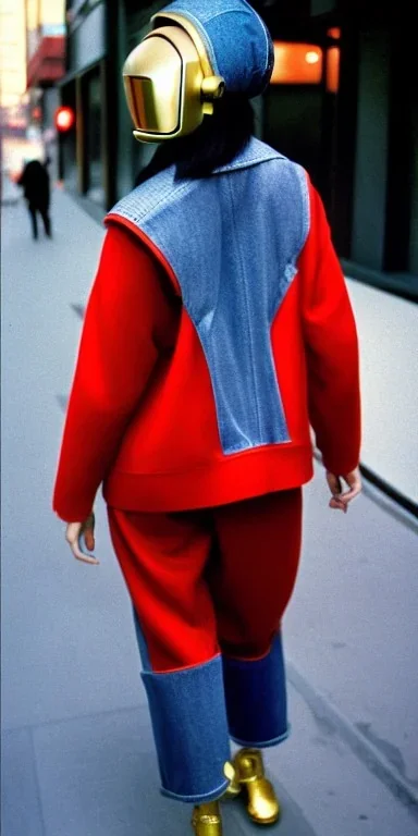 Asian, modern, beautiful woman, street, thick thigh, thick calves. Style futurism, 1996, daft punk, rough street style,asa akira.Mantle is sewed of recycled Denim and sewed together red felt pieces.Big headphones, with gold rings, is merged with small felt cap with small visor. A bag is integrated to the mantle. Big camouflage Patterns are composed of orange, cream, blue, lilac and purple. blue latex. It is with big bright purple felt tippet and cream-colored-hood. tippet