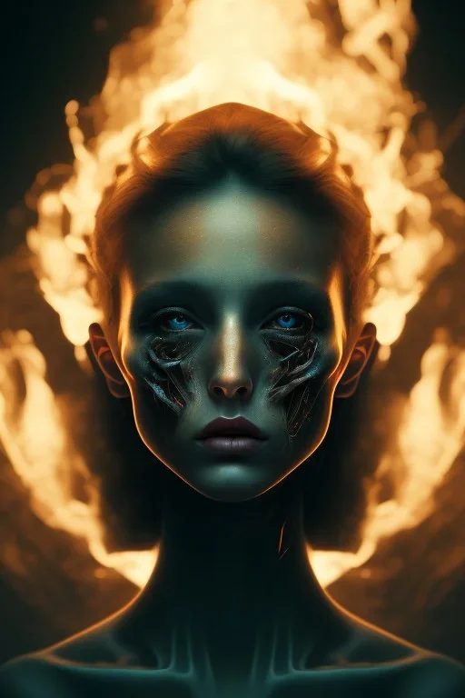 Fire theme art, Dark moody night atmosphere, Portrait of a woman by Michelangelo, 8K, close-up face, anatomically perfect face, wounded, lost, alone